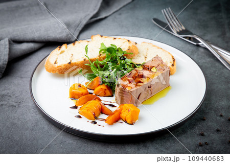 arugula with crusty bread and pate sauce, side view arugula with crusty bread and pate sauce, side view 109440683