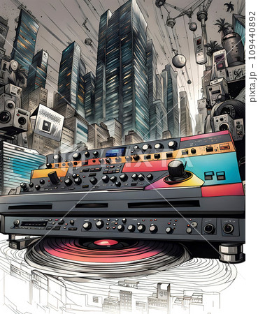 Music studio and dj setup with technical equipment in front of a big city skyline in illustrative style - ai generated 109440892