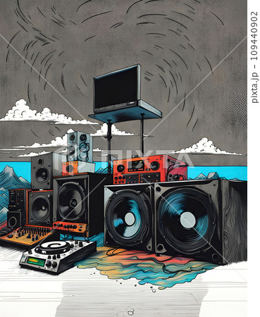 Music studio and dj setup with technical equipment in front of sky - ai generated 109440902