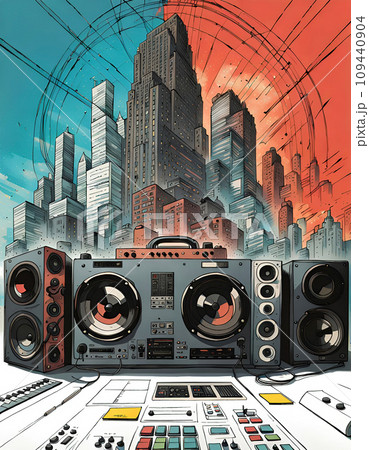 Disc jockey with music studio and dj setup with technical equipment in front of a big city skyline in illustrative style - ai generated 109440904