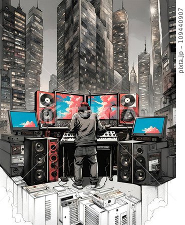 Disc jockey with music studio and dj setup with technical equipment in front of a big city skyline in illustrative style - ai generated 109440907