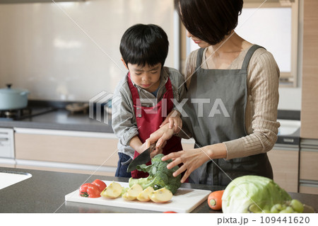 一緒にキッチンで楽しく料理をする親子 子供のお手伝い 109441620