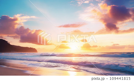 美しいパステルカラーの夕日がしずむ海 109441815