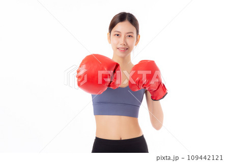 Portrait beautiful young asian woman in sportswear exercise with boxing sport isolated. 109442121