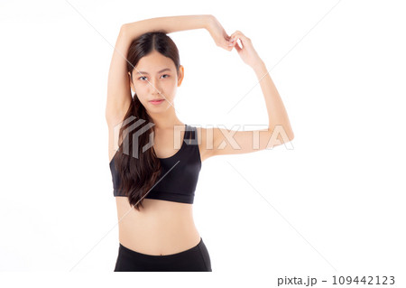 Portrait beautiful young asian woman stretching hands or arms for exercise yoga and relax isolated. 109442123