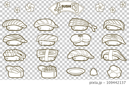 Sushi line drawing illustration set for coloring book Sushi line drawing illustration set for coloring book 109442137