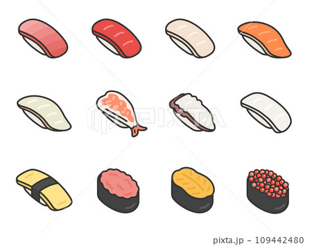 いろいろな、寿司のアイコン（線画カラー）のイラストセット 109442480