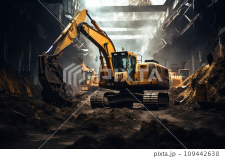 Construction Excavator at Work on Development Site Construction Excavator at Work on Development Site 109442638