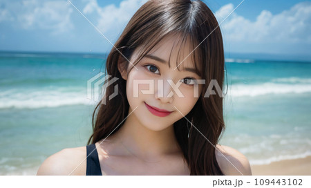海で微笑むロングヘアの女性「AI生成画像」 海で微笑むロングヘアの女性「AI生成画像」 109443102