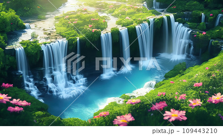 新緑の緑と綺麗なピンクの花が咲いている左斜め上からの視点の昼間の美しい滝の風景　AI生成画像 109443210