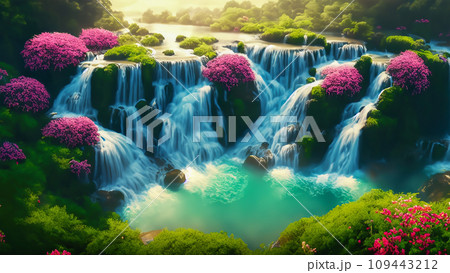新緑の緑と綺麗なピンクの花が咲いている斜め上からの視点の昼間の美しい滝の風景　AI生成画像 109443212