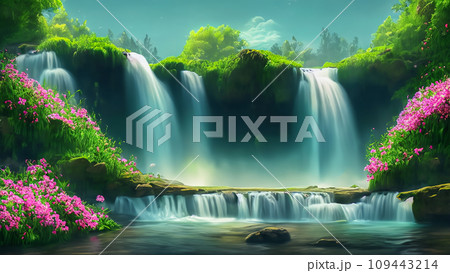 新緑の緑と綺麗なピンクの花が咲く下からの視点の昼間の美しい滝の風景 AI生成画像 新緑の緑と綺麗なピンクの花が咲く下からの視点の昼間の美しい滝の風景 AI生成画像 109443214