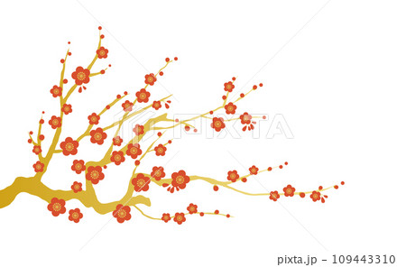 紅梅 梅の花のイラスト素材 ベクター 白バック 金の枝 109443310