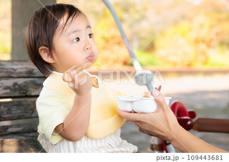 おでかけ先で食事する乳幼児　秋　コピースペース 109443681
