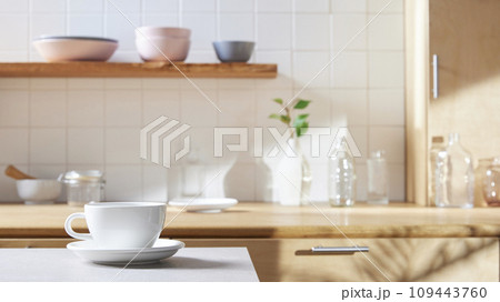 A sunny kitchen with white tile walls, a wooden table and sink. A sunny kitchen with white tile walls, a wooden table and sink. 109443760