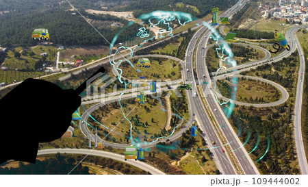 Intelligent Vehicles Cars Communicating Ai Logistic Autonomous Delivery Vehicles IoT GPS Tracking Satellite 5G Smart Roads Traffic Road Junction Interchange Motorway Triangulation Of Traffic Data 109444002
