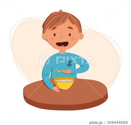 Cute blond boy having breakfast vector illustration. Daily routine. Schedule. Illustration on abstract background 109444099