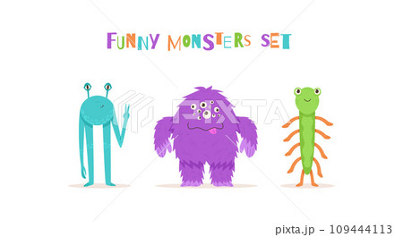 Set of cute aliens character vector illustration. Friendly blue alien and green monster with many hands in cartoon style. Ideal for kids design 109444113