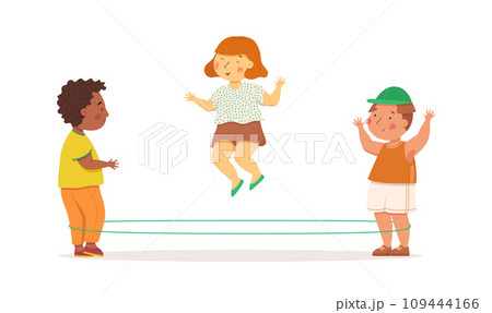 Cute girl jumping over a rubber band. Cute little boys play with girl. Vector illustration. Summer activities. Children playing outside. Cute girl jumping over a rubber band. Cute little boys play with girl. Vector illustration. Summer activities. Children playing outside. 109444166