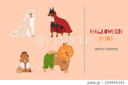 Dogs in different Halloween costume. Ghost, vampire, little girl and scarecrow. Happy Halloween vector illustration. Ideal for holiday cards 109444181