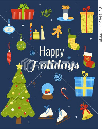 Christmas vector card in flat style with lettering. Happy Holidays. Christmas decor and items for the holiday set. 109444184