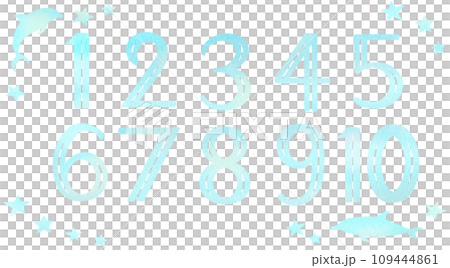 透過剪下海洋彩色水彩畫製成的 1 到 10 的數字圖示。 109444861