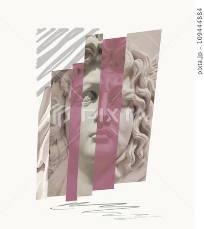 Collage with antique sculptures as human face in pop art style. Modern creative concept image with ancient statue head. Contemporary art poster 109444884