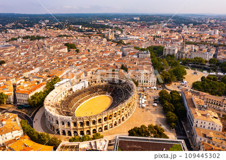 Drone view of ancient Roman amphitheatre Arena of Nimes, France 109445302