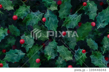 ヒイラギの水彩画背景イラスト、クリスマスの背景画 109446048