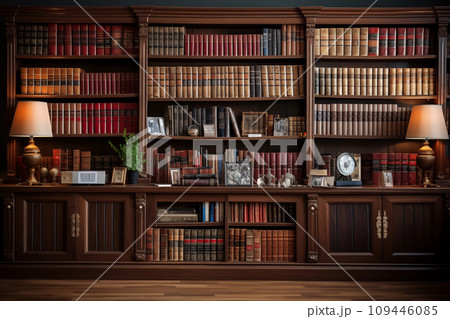 AI-generated content. Vintage library with many books on shelves and tables. Beautiful interior, on the tables books and lamps. Background of books. Generative AI AI-generated content. Vintage library with many books on shelves and tables. Beautiful interior, on the tables books and lamps. Background of books. Generative AI 109446085