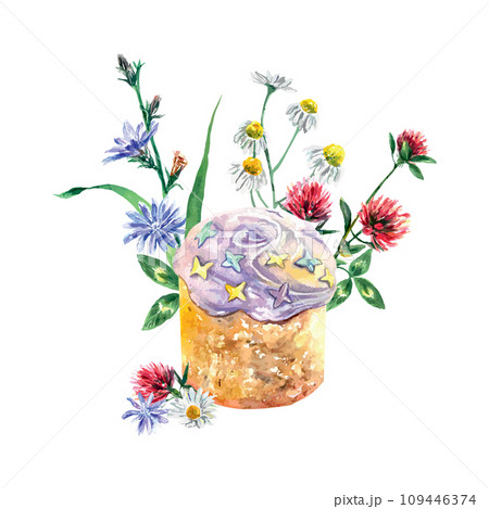 Easter cake and meadow flowers. Vector illustration in watercolor style. Design element for greeting cards, invitations, holiday banners, covers. Easter cake and meadow flowers. Vector illustration in watercolor style. Design element for greeting cards, invitations, holiday banners, covers. 109446374