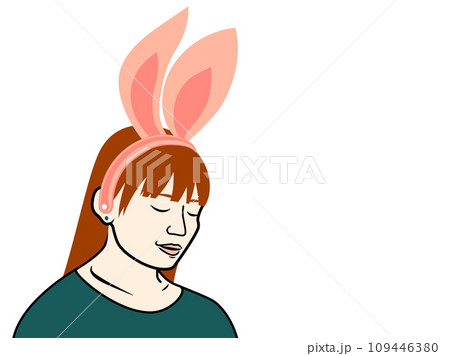 うさ耳の女性。目をつぶり、耳を澄まして聞いている。 109446380