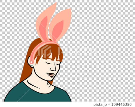 うさ耳の女性。目をつぶり、耳を澄まして聞いている。 109446380