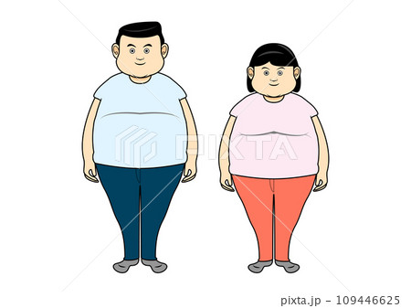 太った男性と女性のイラスト。生活習慣病で肥満になりダイエットを始める夫婦。 109446625