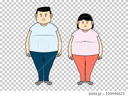 太った男性と女性のイラスト。生活習慣病で肥満になりダイエットを始める夫婦。 109446625