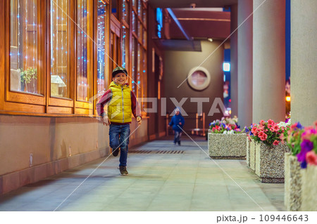 Happy little boys runs along passway with columns with flowers Happy little boys runs along passway with columns with flowers 109446643