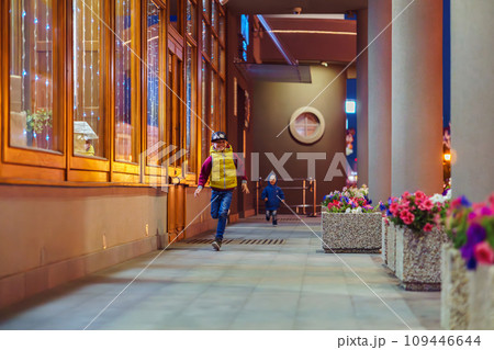Happy little boys runs along passway with columns with flowers 109446644