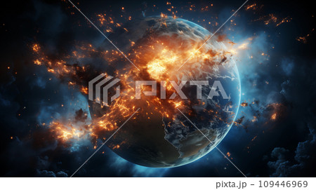 AI-generated content. The globe is on fire, global catastrophe, explosion of the earth, end of the world. Generative AI 109446969