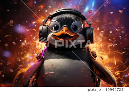 AI-generated content. Penguin wearing VR headset, surreal worlds and colorful. background Generative AI 109447234