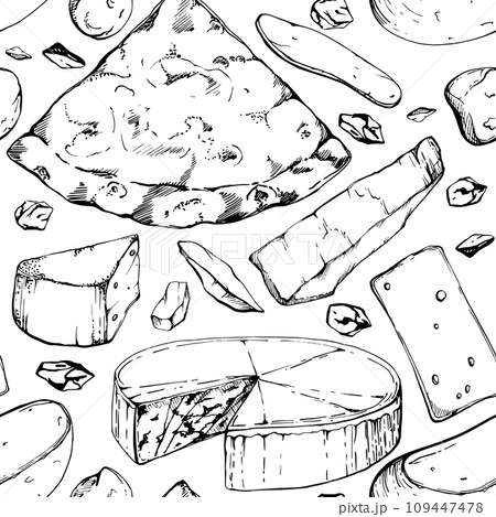 Hand drawn vector ink illustration. Quattro formaggi four cheeses pizza slice, Italian cuisine. Seamless pattern isolated on white. Design for restaurant menu, cafe, food shop or package, flyer print. Hand drawn vector ink illustration. Quattro formaggi four cheeses pizza slice, Italian cuisine. Seamless pattern isolated on white. Design for restaurant menu, cafe, food shop or package, flyer print. 109447478