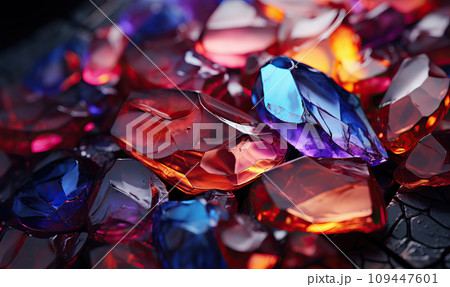 AI-generated content. Background of multi-colored, colorfull, shiny, glass, precious or semi-precious stones. 109447601
