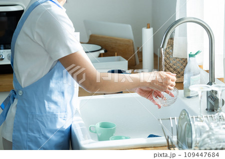 食器を洗うエプロンをつけた女性 109447684