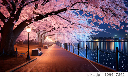 夜桜の風景、満開の桜の花が咲く夜景、AI生成画像 109447862