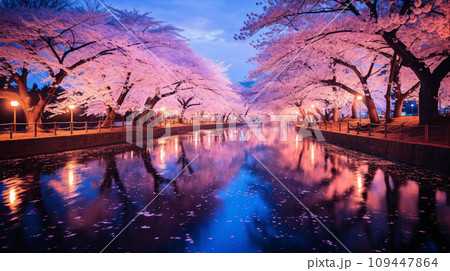 夜桜の風景、満開の桜の花が咲く夜景、AI生成画像 109447864