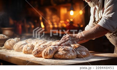 AI-generated content. Close-up of a male bakery chef kneading dough to make delicious bread. Making delicious and fresh bread. Generative AI. AI-generated content. Close-up of a male bakery chef kneading dough to make delicious bread. Making delicious and fresh bread. Generative AI. 109448451