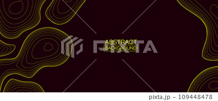Black abstract line background. Topographic contour map concept. Yellow linear terrain outline pattern. Geographic design template wallpaper for poster, banner, print, booklet. Vector illustration Black abstract line background. Topographic contour map concept. Yellow linear terrain outline pattern. Geographic design template wallpaper for poster, banner, print, booklet. Vector illustration 109448478