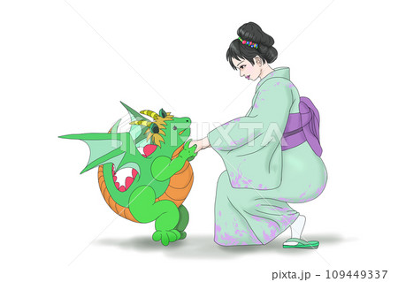 子ドラゴンと手を取り合う美人 子ドラゴンと手を取り合う美人 109449337
