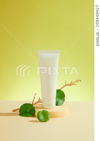 Front view of mockup container for moisturizing cream or cleanser, beauty cosmetics with gotu kola leaves decorated on green background. Advertising photo, natural gotu kola extract Front view of mockup container for moisturizing cream or cleanser, beauty cosmetics with gotu kola leaves decorated on green background. Advertising photo, natural gotu kola extract 109449427