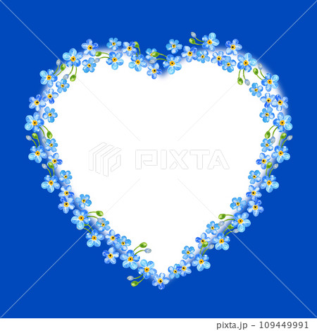 watercolor heart shape white frame of blue spring flowers, illustration of forget me not flowers, hand drawn sketch of blue field flowers with buds isolated on blue background 109449991