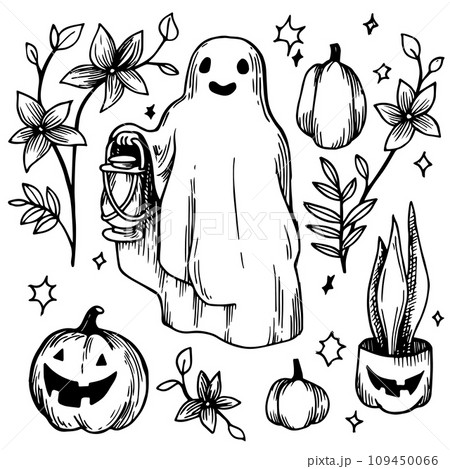 vector drawing set for Halloween, funny ghost, pumpkins and plants. illustration in sketch style, vintage, retro style 109450066